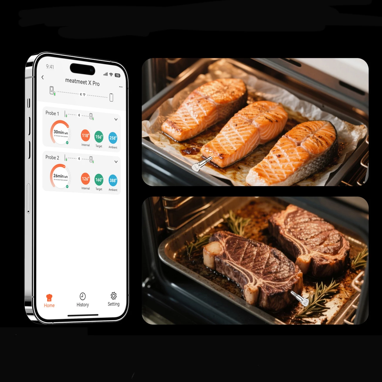 termometër kuzhine, Meatmeet, X Pro, Bluetooth + WiFi, saktësi ±0.1°C, IP69, 2 sonda pa tela, e zezë, set me 2 sonda