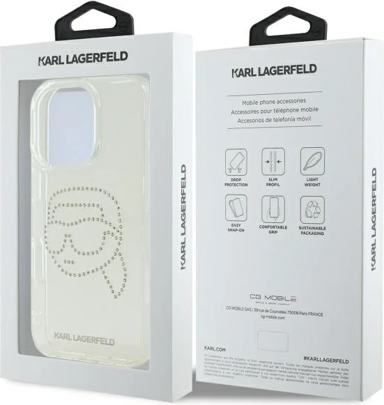 Mbështjellës Karl Lagerfeld KLHCP16XHKHDCELT për iPhone 16 Pro Max 6.9", transparent, IML Rhinestones Karl Head