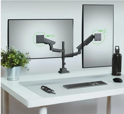 Mbajtëse tavoline për 2 monitorë ICYBOX IB-MS702-T, gas spring, deri 57\" / 27 kg, VESA 75x75 & 100x100, e zezë