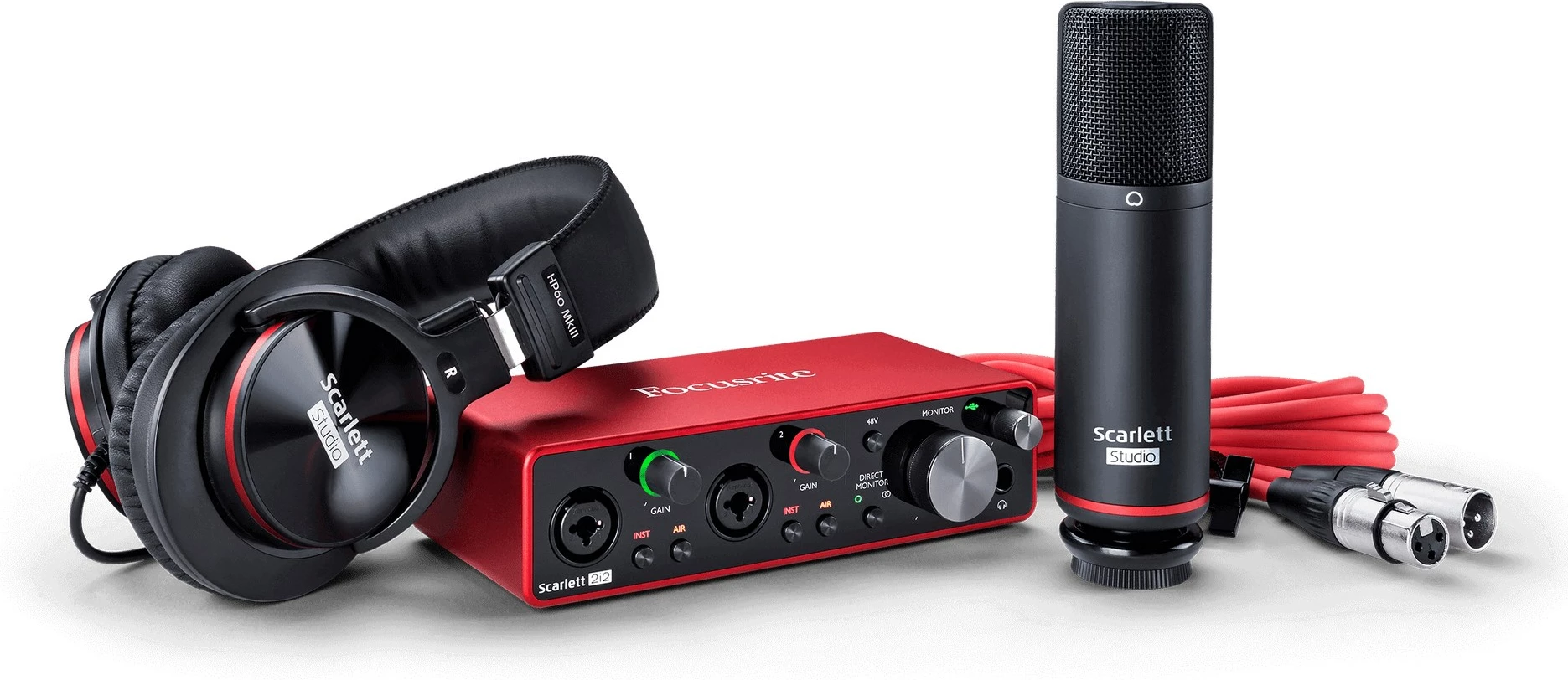 Set studio Focusrite Scarlett 2i2 Studio me mikrofon, kufje dhe interfejs audio, Kuqe