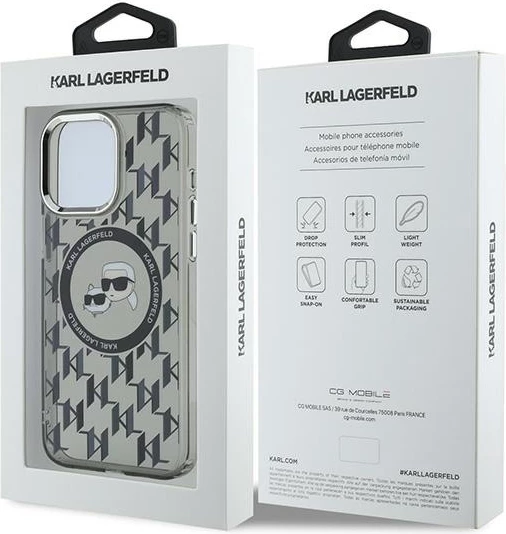 Mbështjellës Karl Lagerfeld IML Monogram Karl & Choupette Head MagSafe për iPhone 15 Pro, Zi