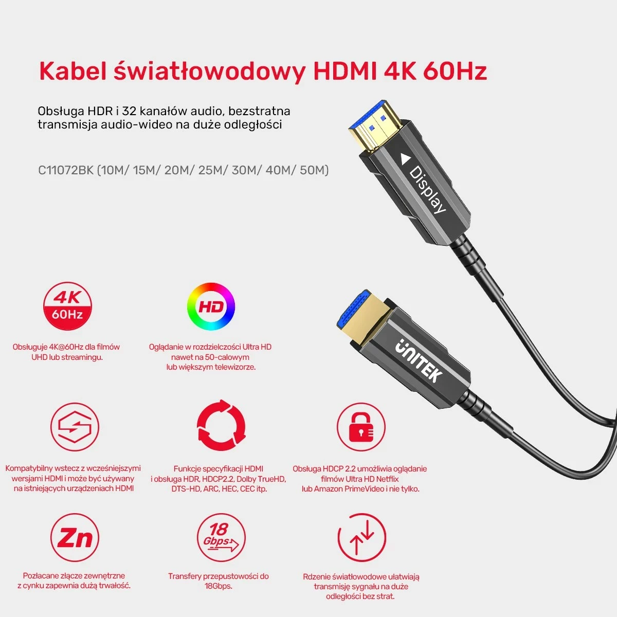 Kabel HDMI optik Unitek 2.0 AOC 7m 4K 60Hz zi
