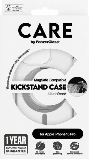 Mbështjellës PanzerGlass Kickstand Case MagSafe për iPhone 15 Pro, Silver