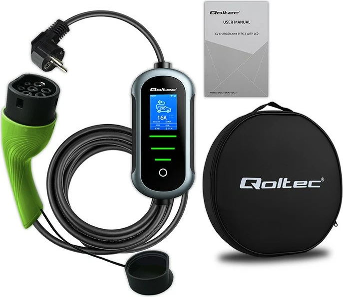 Karikues mobil EV, Qoltec, 52435, Type 2, 3.5kW 230V, Wi‑Fi TUYA Smart Life, LCD, kabllo 5m, zi