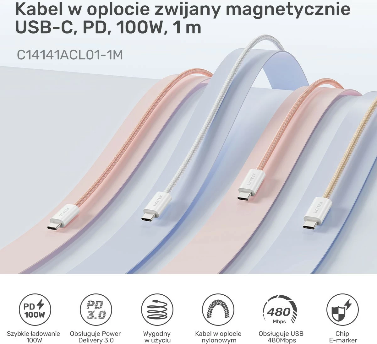 Kabëll Unitek USB-C PD 100W 1m, bezhë