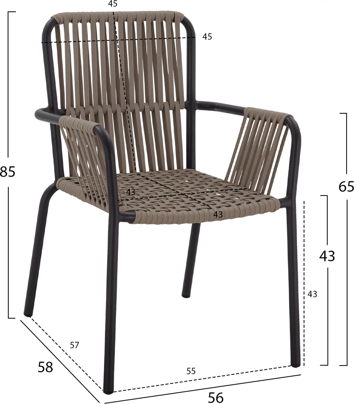 Set për darkë 7 pjesë, tavolinë kapuçino 150x90 dhe karrige me krahë gri qymyr me litar FH11501