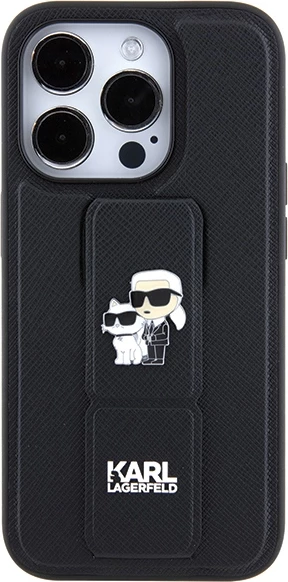 Mbështjellës Karl Lagerfeld Gripstand Saffiano Karl&Choupette Pins për iPhone 13 Pro/13, i zi