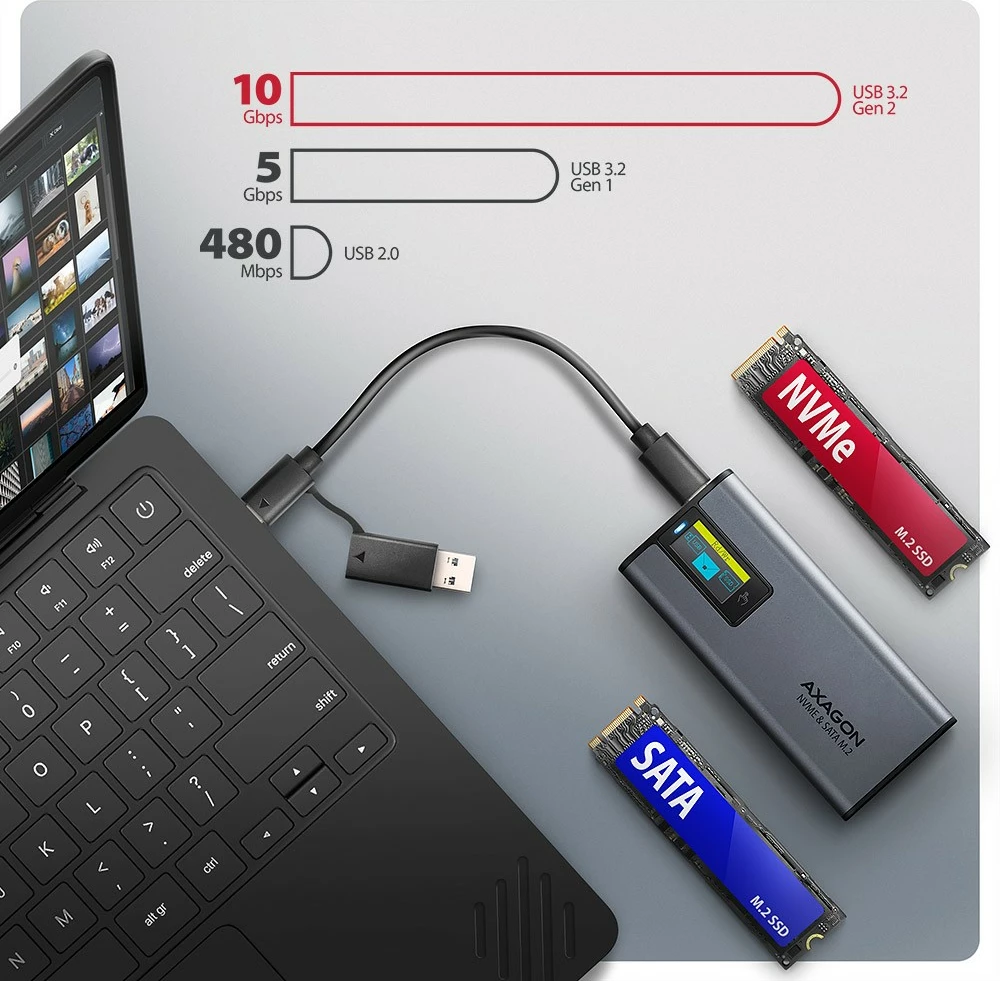 Kasë e jashtme AXAGON EEM2-SD2, për SSD M.2 NVMe/SATA, USB-A/C 3.2 Gen2, ekran LCD, Gri