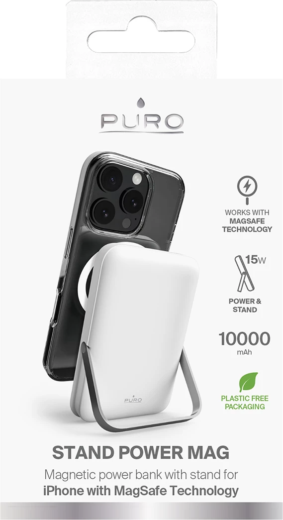 Powerbank Puro 10000mAh MagSafe me këmbë alumini, Bardhë
