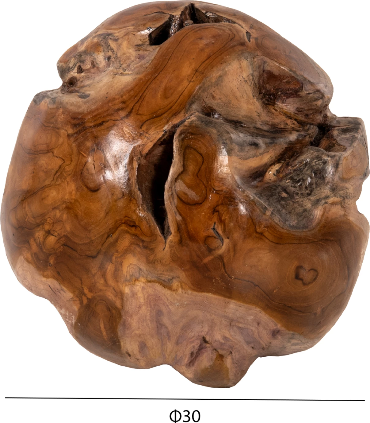 Dekor për dysheme, sferë prej druri tik, madhësi e vogël, natyrale, Φ30cm