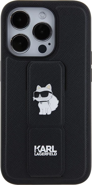 Mbështjellës Karl Lagerfeld Gripstand Saffiano Choupette Pins për iPhone 14 Pro Max, i zi