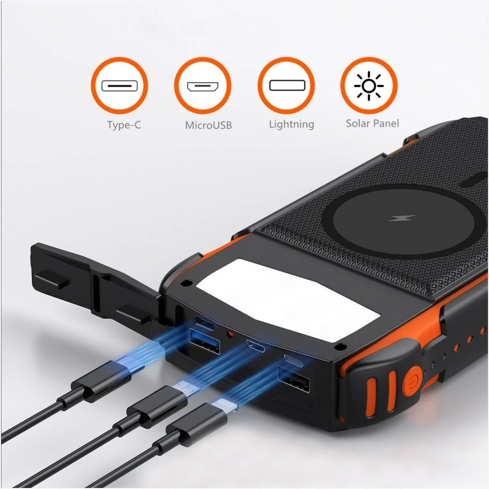 Powerbank solar i qëndrueshëm 4smarts TitanPack Rugged UltiMag 20000mAh, Qi 15W, PD/QC 3.0, MagSafe magnetik, porte USB-C/USB-A/Lightning/Micro-USB, zi/portokalli