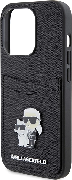 Mbështjellës Karl Lagerfeld Saffiano Cardslot Karl&Choupette Metal Pin për iPhone 15 Pro, i zi