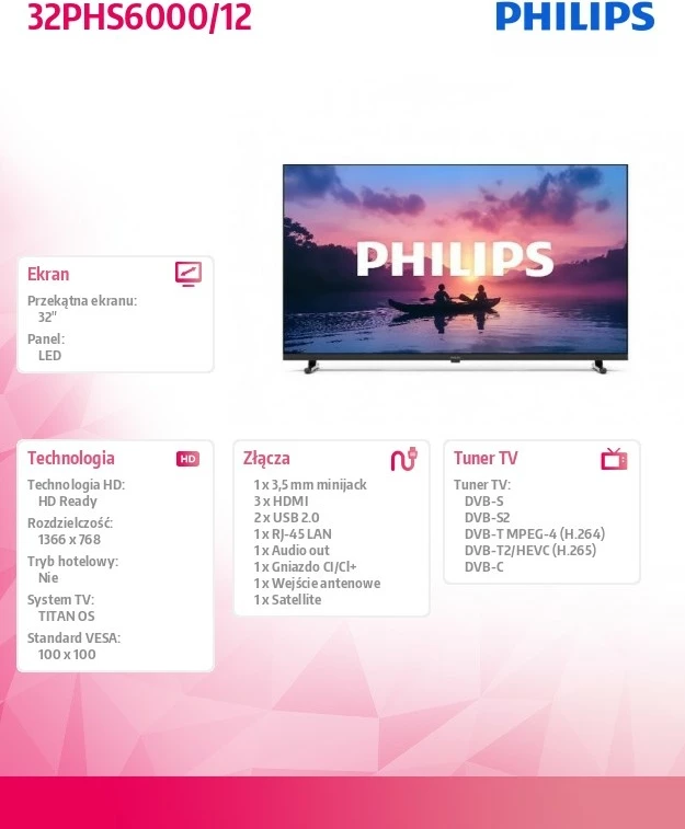 Televizor LED Smart, Philips 32PHS6000/12, 32" HD Ready, Titan OS, HDR10/HLG, Pixel Plus HD, 3x HDMI 2x USB
