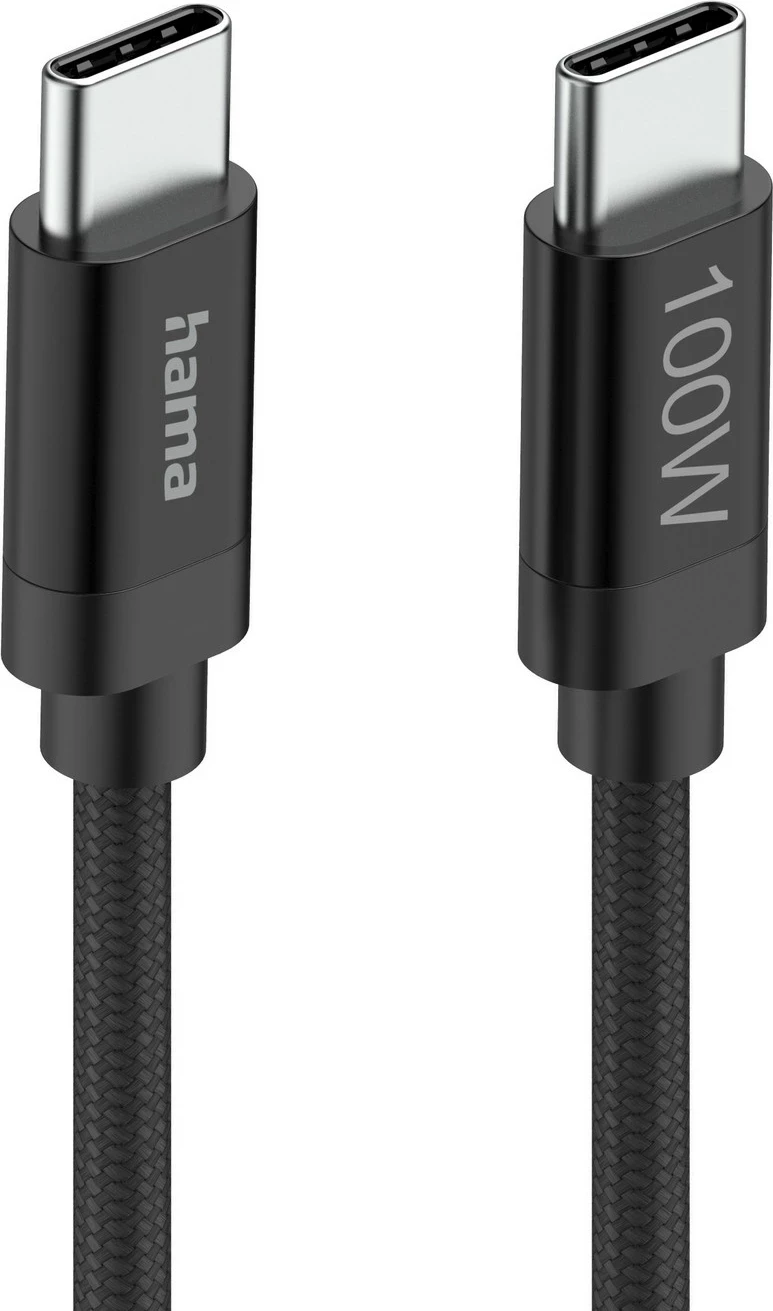 Kabëll USB-C në USB-C Hama, 1.5m, 100W, najlon, zi