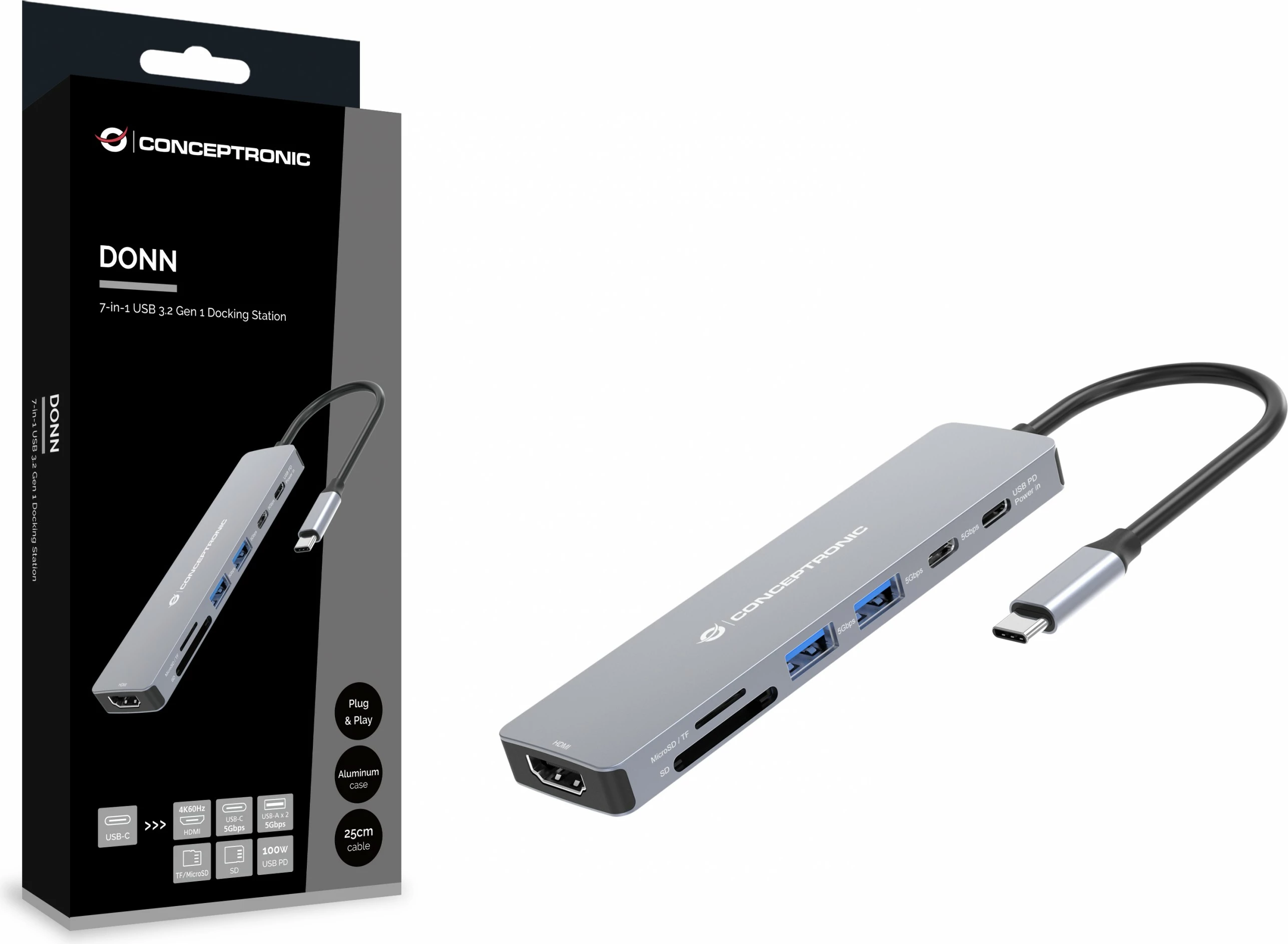 Dock Conceptronic 7-në-1 USB-C HDMI/USB-A/USB-C/SD, 25cm, gri