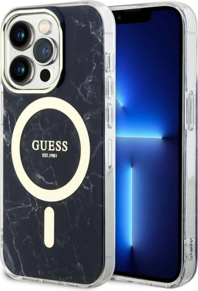 Mbështjellës Guess GUHMP14LPCUMAK për iPhone 14 Pro 6.1", MagSafe, mermer, zi