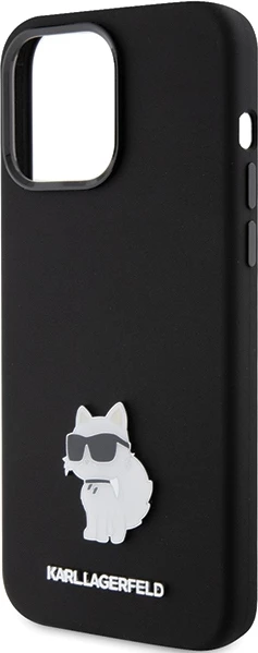 Mbështjellës Karl Lagerfeld Silicone Choupette Metal Pin për iPhone 15 Pro, i zi