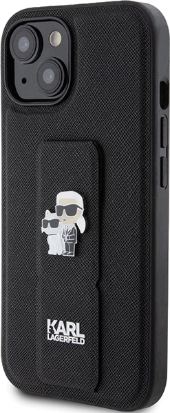 Mbështjellës Karl Lagerfeld Gripstand Saffiano Karl&Choupette Pins për iPhone 15, i zi