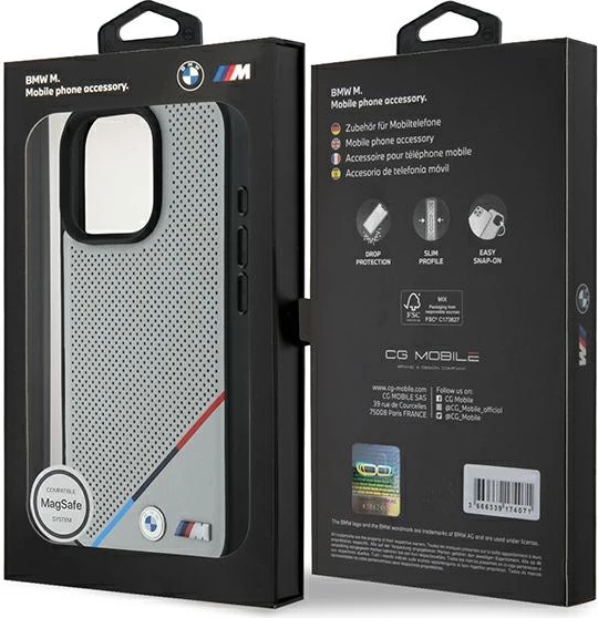 Mbështjellës BMW M Perforated Tricolor Line MagSafe për iPhone 16 Pro, Gri