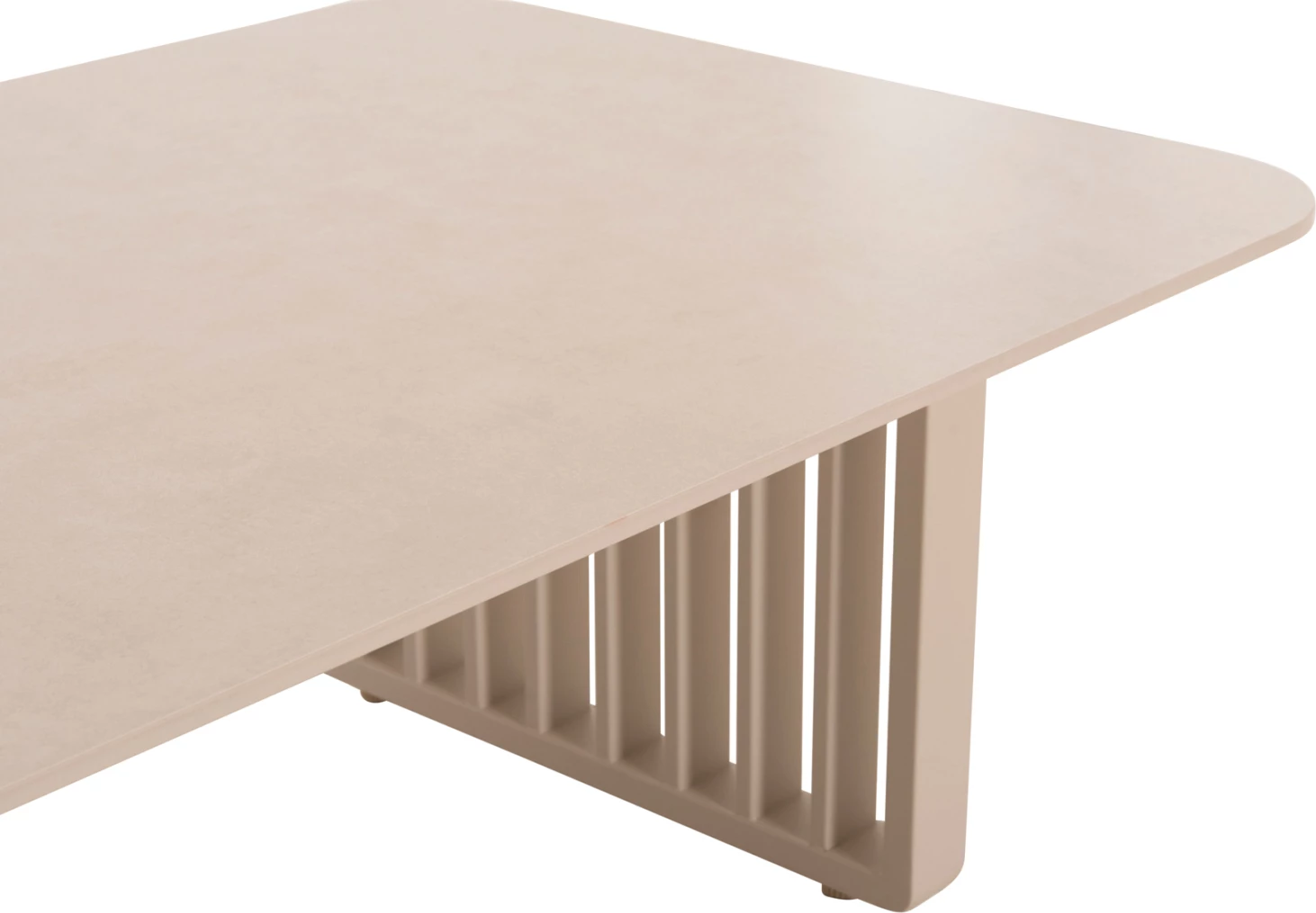 Set salloni për jashtë, 4 pjesë, kornizë alumini, ngjyrë krem, jastëkë bezhë, mbështetëse teak, tavolinë me sipërfaqe guri të sinterizuar, Candeo ETERNITY