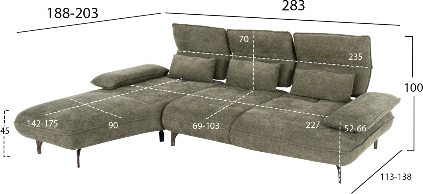 Këndi i majtë i divanit CONVERT FH3268.04L, ngjyrë jeshile selvi, 283x188x100 cm