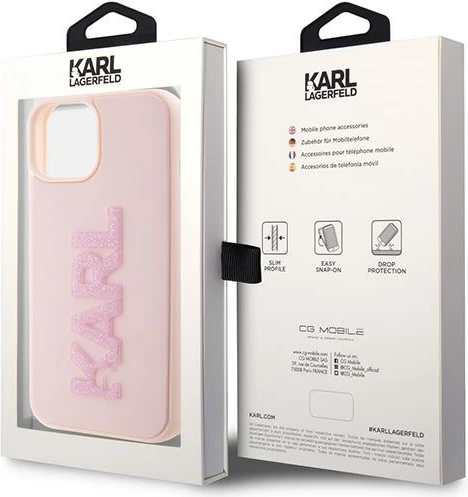 Mbështjellës Karl Lagerfeld 3D Rubber Glitter Logo për iPhone 15, Rozë