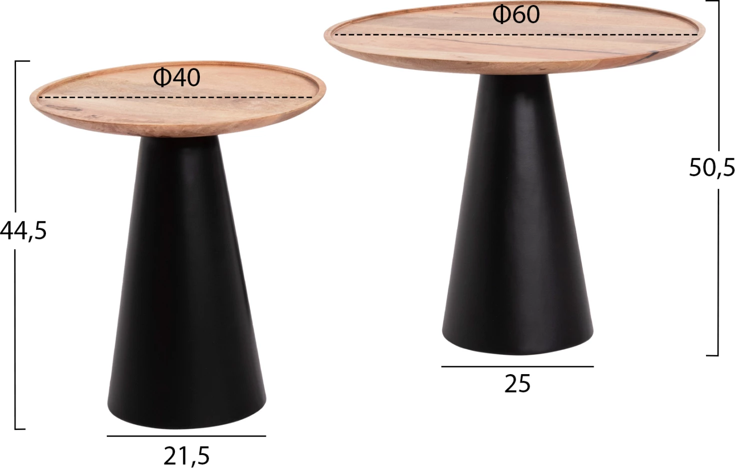 Tavolina kafeje 2 copë RIFF FH9997, dru mango, baza hekuri, Φ60 & Φ40 cm.