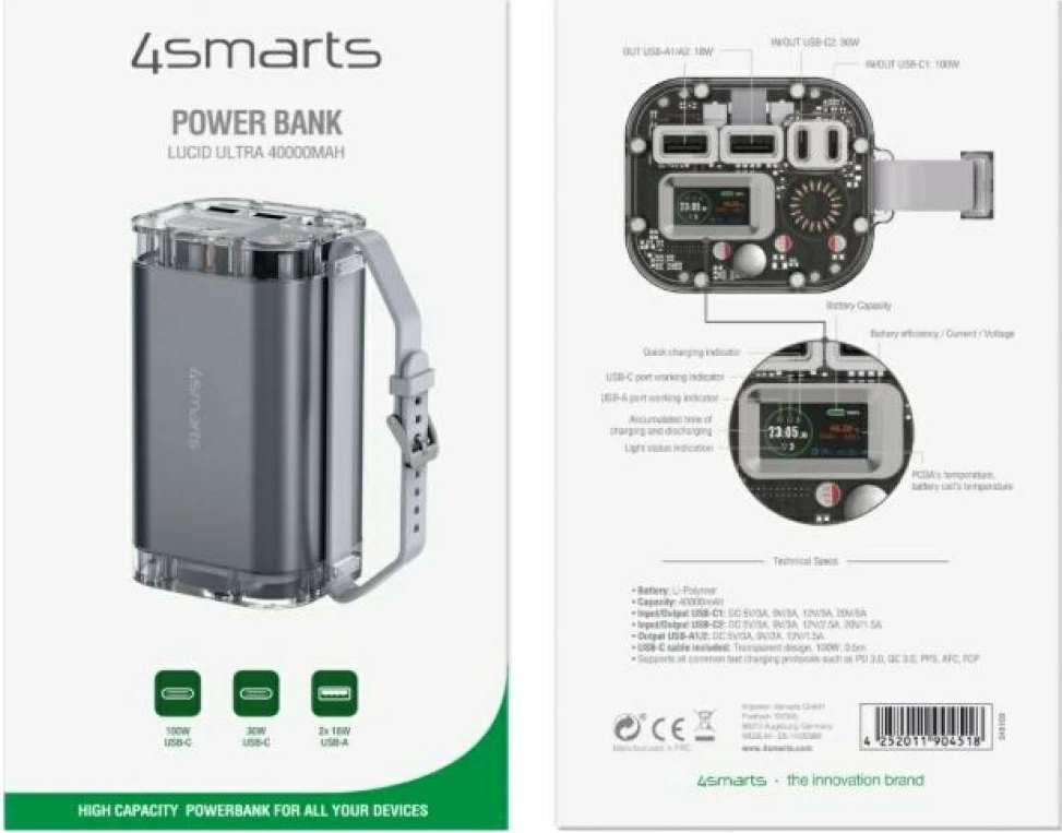 Power bank 4smarts Lucid Ultra KAT07305 40000mAh 100W IP67 2x USB-C + 2x USB-A, gri