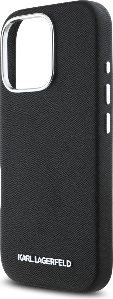 Mbështjellës Karl Lagerfeld Saffiano Full Wrapped Elongated Metal Logo MagSafe për iPhone 16 Pro Max, Zi