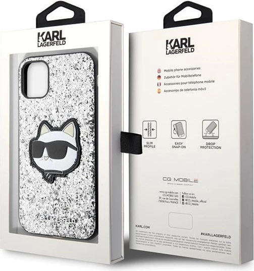 Mbështjellës Karl Lagerfeld KLHCN61G2CPS për iPhone 11/XR 6.1", Glitter Choupette Patch, Argjendtë