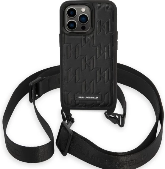 Mbështjellës Karl Lagerfeld Monogram Plaque Logo për iPhone 14 Pro 6.1", i zi me rrip