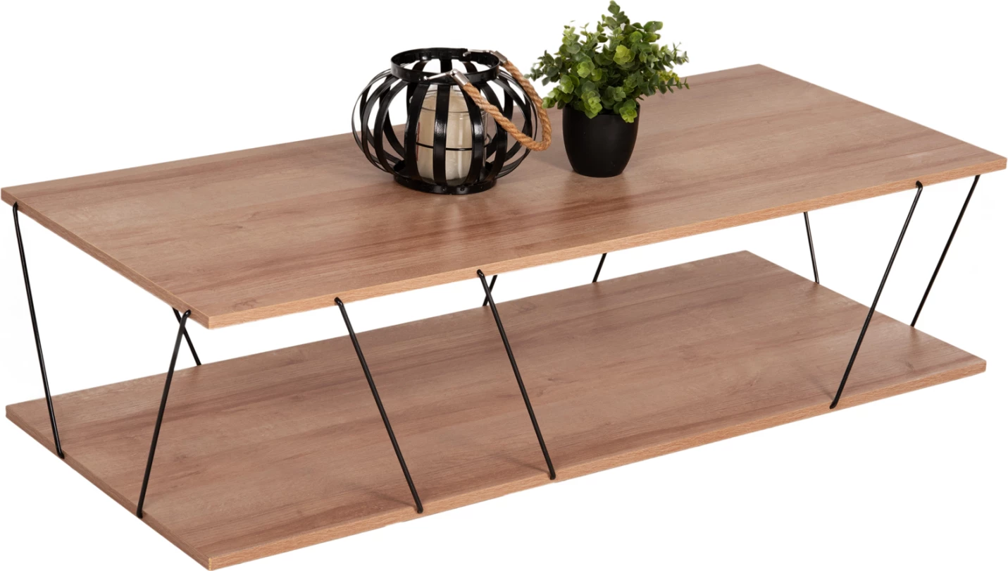 Tavolinë kafeje TARS, ngjyrë lisi natyral, melaminë, shufra metali të zeza, 120x50x30H cm