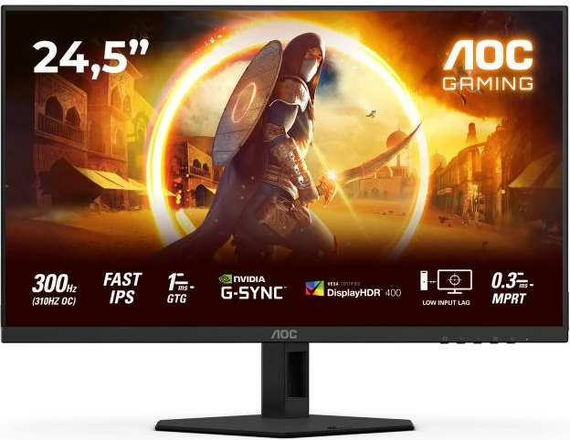 monitor gaming, AOC, 25G4SRE, 24.5", 300Hz OC 310Hz, 1ms GtG, Fast IPS, HDR400, G-SYNC, USB hub, e zezë/e kuqe