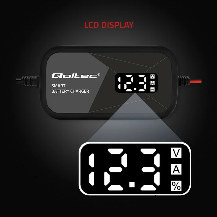 Karikues inteligjent mikroprocesorik Qoltec 52492, 12V, 2A, funksion rigjenerimi qelizash, LCD, i zi