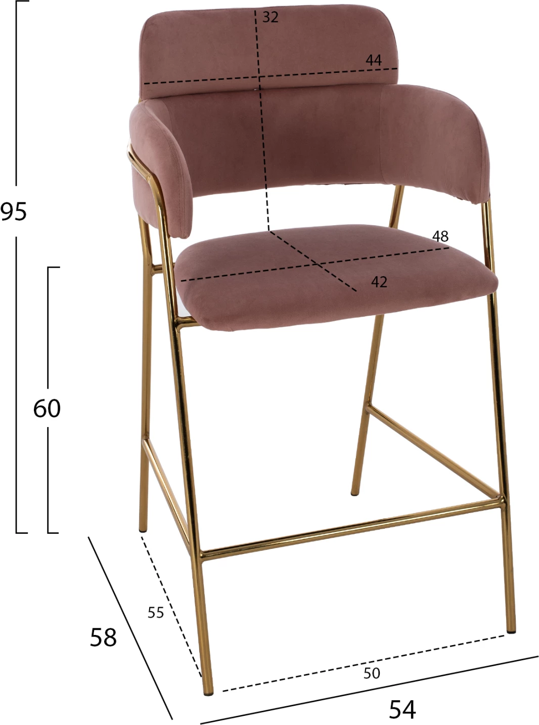 Karrige për bar mesatare, kadife rozë e zbehtë, kornizë e artë, FH8735.02, 54x58x95 cm., set prej 2 copë