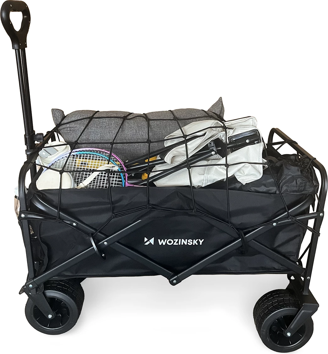Karrocë transporti palosëse, Wozinsky WZP-100, kapacitet deri 100 kg, rrota të gjera terreni, pëlhurë Oxford 600x300D, me rrjetë sigurie, e zezë