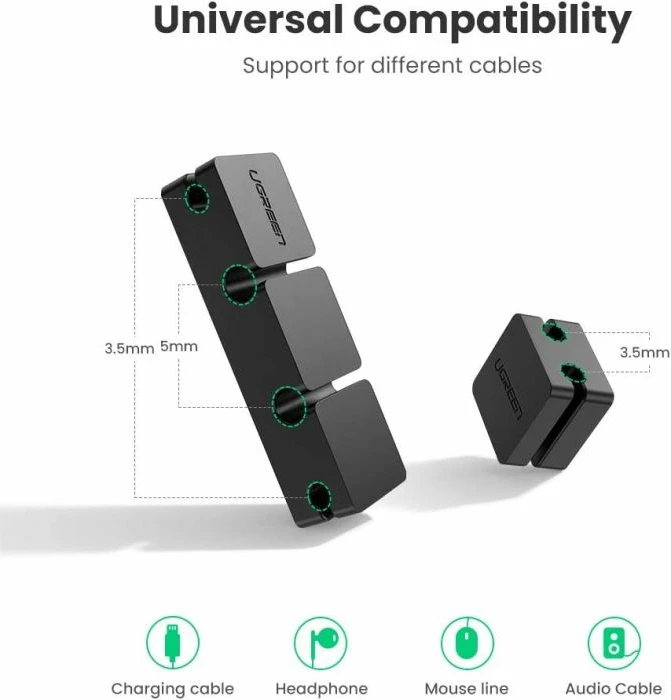 Organizator kabllosh UGREEN 70585 3+1, silikon vetë-ngjitës, për kabllo deri 5mm, i zi, set 4 copë