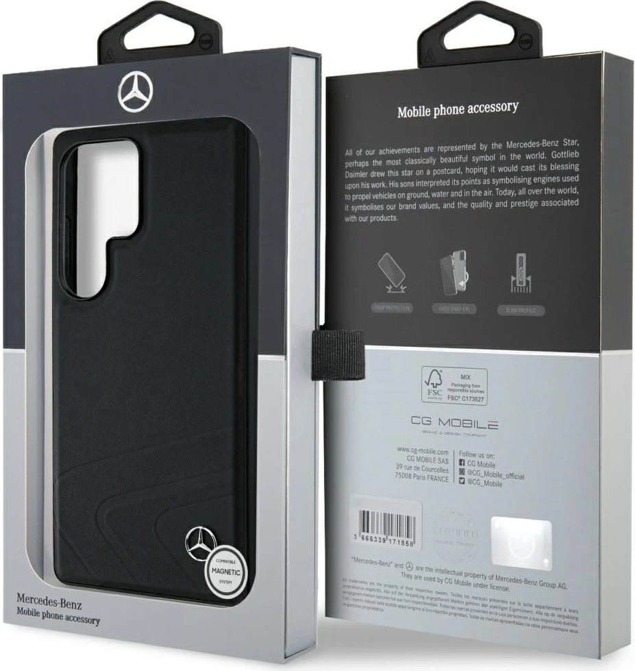 Mbështjellës Mercedes Leather Horizontal Debossed Curves MagSafe për Samsung Galaxy S25 Ultra, i zi