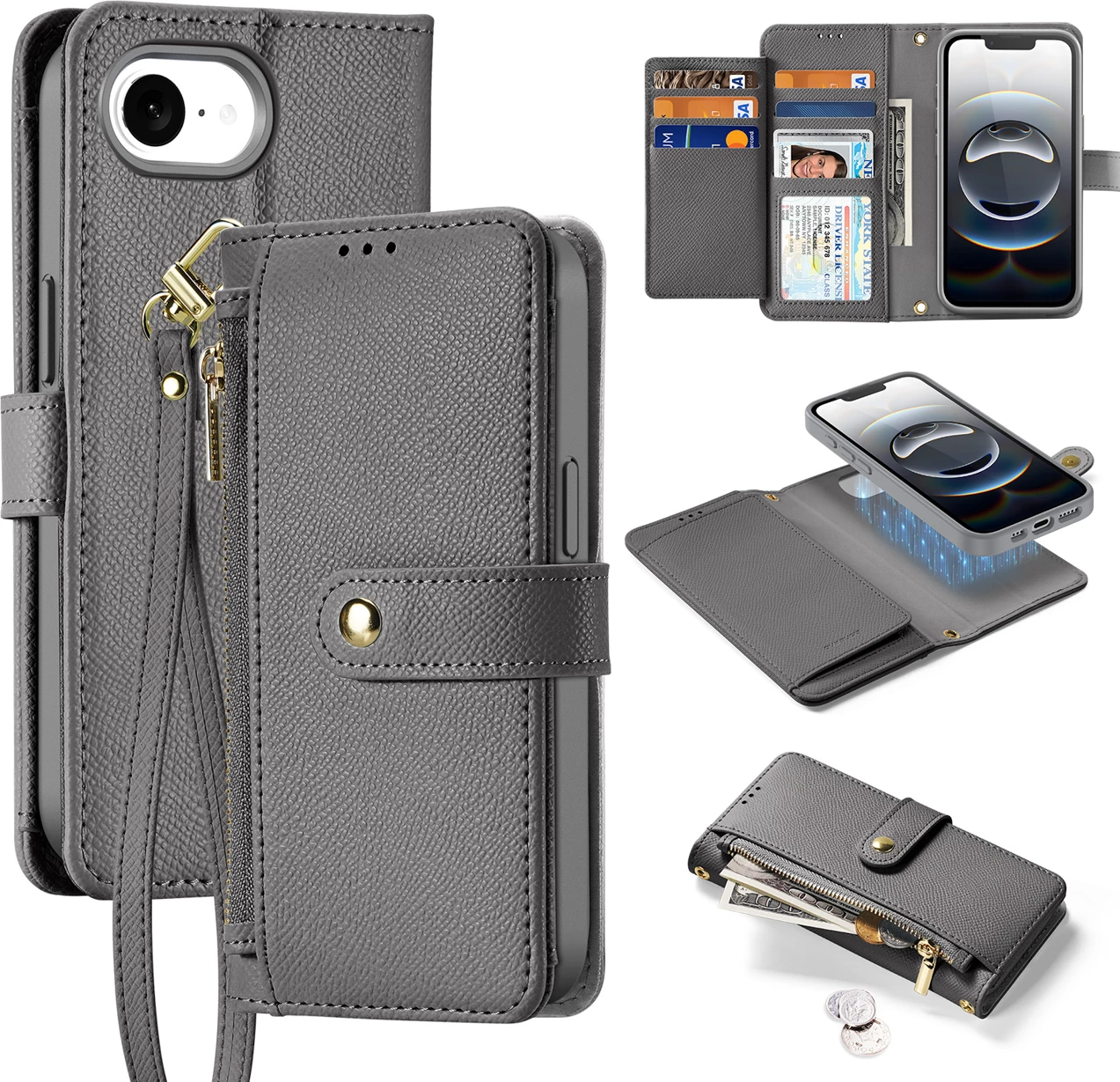 Mbështjellës Dux Ducis Lawa për iPhone 16e, lëkurë, me portofol magnetik, Gri