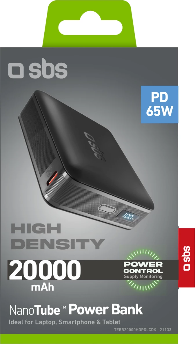 Power bank, SBS, HD 65W 20000 mAh (TEBB20000HDPDLCDK), PD 65 W me ekran LCD, 2 porta USB-C/USB-A, e zezë, me kabëll