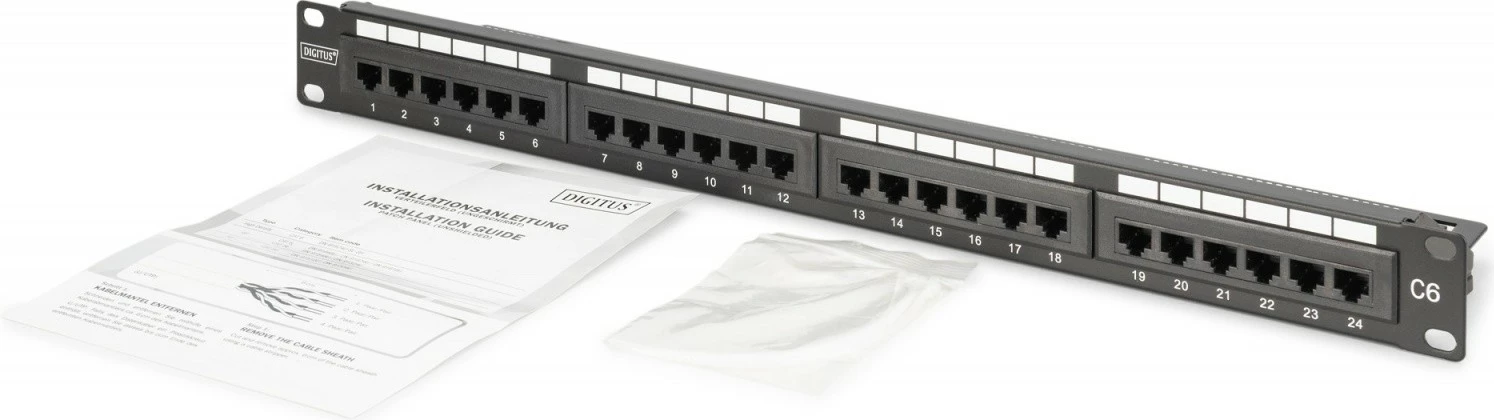 Patch Panel, Digitus DN-91624U-CR, 19" 1U, 24x RJ45 CAT 6 UTP, LSA vertikal me udhëzues kabllosh dhe fusha etiketime, e zezë