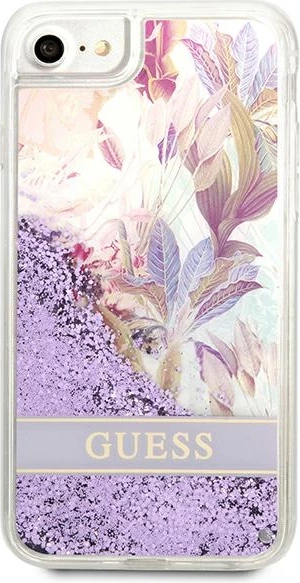 Mbështjellës, Guess, Flower Liquid Glitter, për iPhone SE 2022/SE 2020/7/8, hardcase TPU, me shkëlqim të lëngshëm dhe motiv lulesh, vjollcë