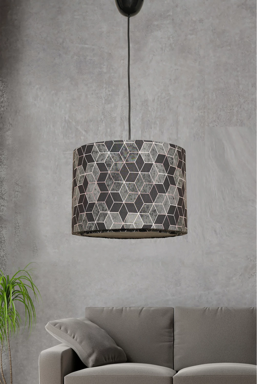 Llambë tavani e varur, metal dhe pëlhurë, ngjyrë e zezë dhe gri, FH7369, 28x28x65 cm