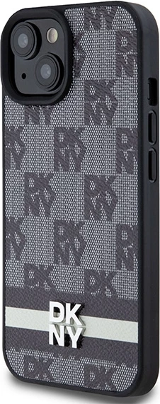 Mbështjellës DKNY Leather Checkered Mono Pattern & Printed Stripes për iPhone 13/14/15, i zi