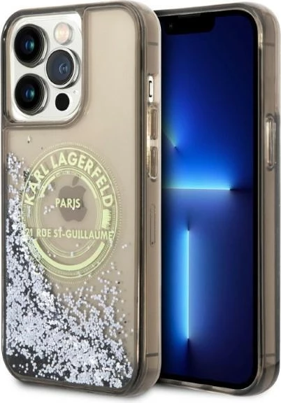 Mbështjellës Karl Lagerfeld Liquid Glitter RSG për iPhone 14 Pro Max, i zi