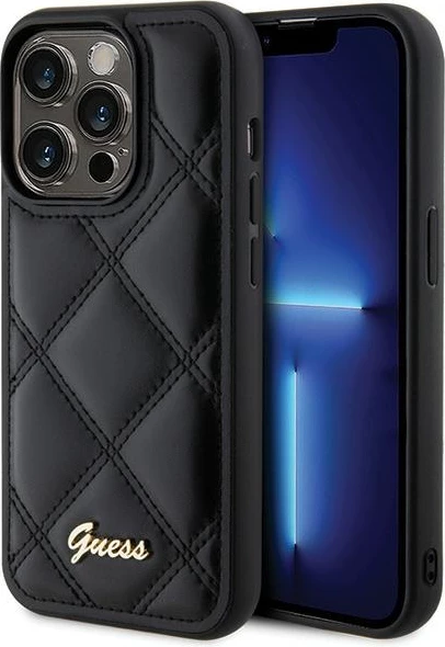 Mbështjellës Guess Quilted Metal Logo për iPhone 15 Pro Max, i zi
