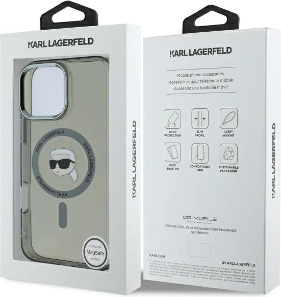 Mbështjellës Karl Lagerfeld IML Metal Karl Head MagSafe për iPhone 16 Pro, Zi