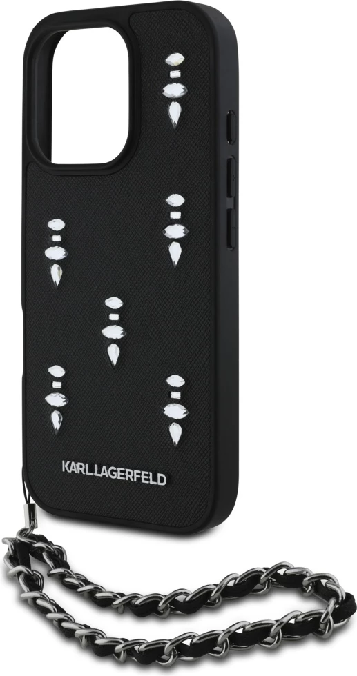 Mbështjellës Karl Lagerfeld Saffiano Crystals me zinxhir, për iPhone 16 Pro, i zi
