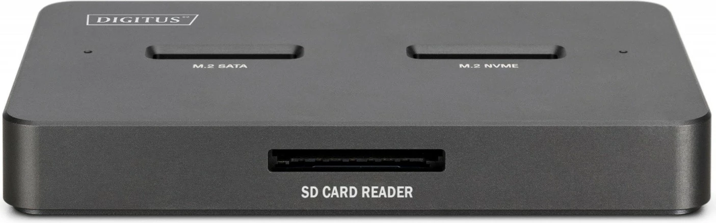 Dok USB-C 3.2 Gen2, Digitus DA-71546-1, për M.2 NVMe & SATA (2 slote, deri 2x 4 TB) me lexues SD-Express 7.1 (deri 2 TB), e zezë